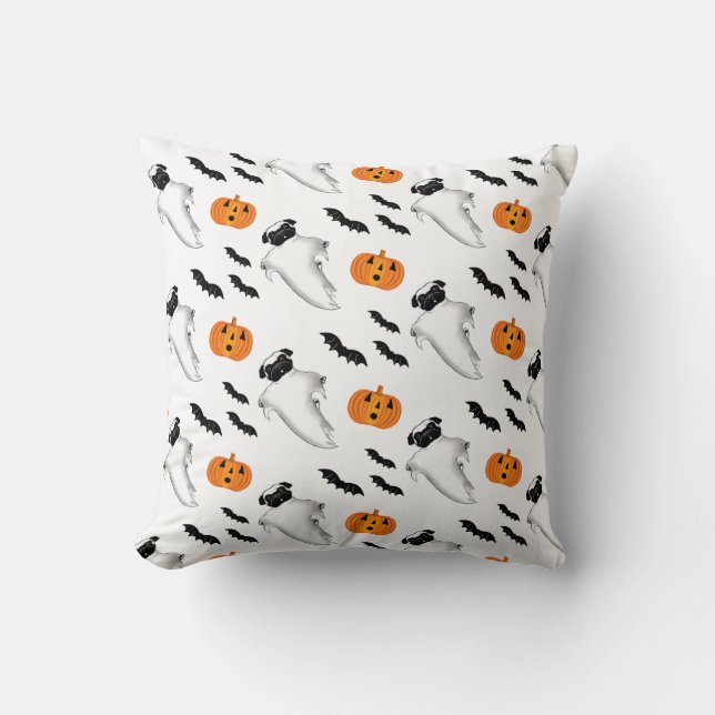 Halloween Pug Ghost Cute Pumpkin and Bats Pattern Throw Pillow (Front)