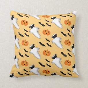 Halloween Pug Ghost Cute Pumpkin Bats Yellow  Throw Pillow