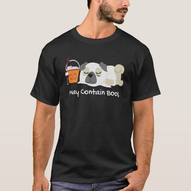 Halloween Pug in a Ghost Costume with Wine for Pug T-Shirt (Front)