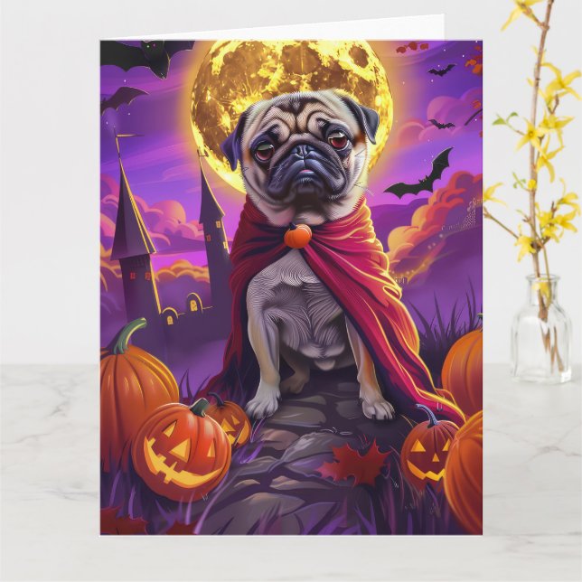 Halloween Pug Vampire Pumpkins Scary  Card (Yellow Flower)