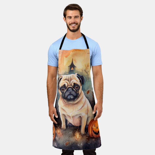 Halloween Pug With Pumpkins Scary Apron (Worn)