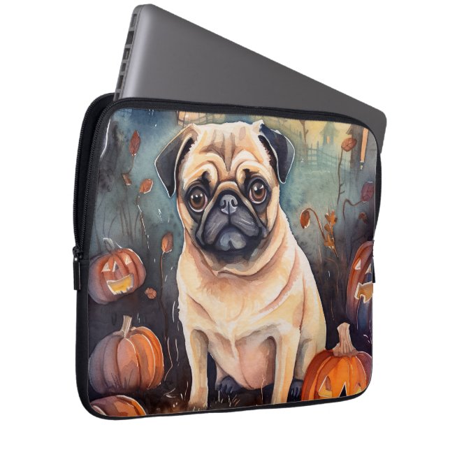 Halloween Pug With Pumpkins Scary Laptop Sleeve (Front Right)