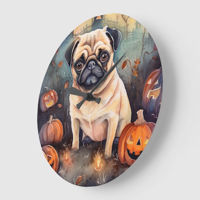 Halloween Pug With Pumpkins Scary Large Clock (Angle)
