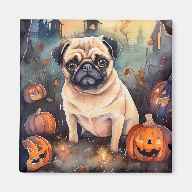 Halloween Pug With Pumpkins Scary Magnet (Front)