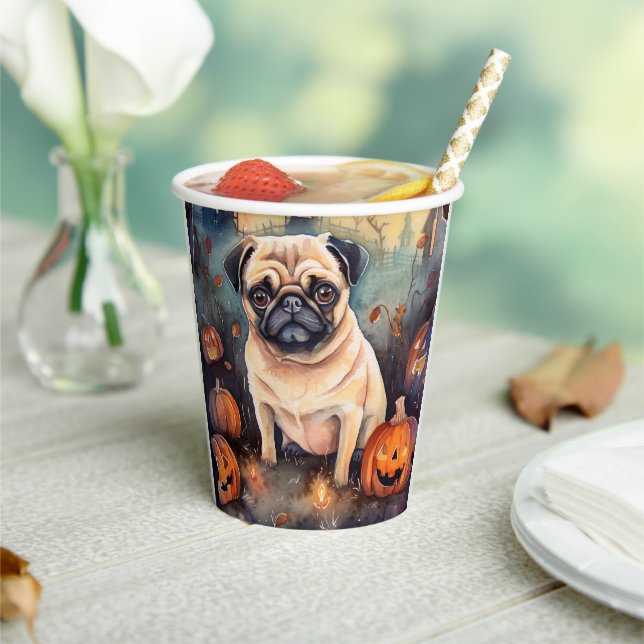 Halloween Pug With Pumpkins Scary Paper Cups (Insitu)