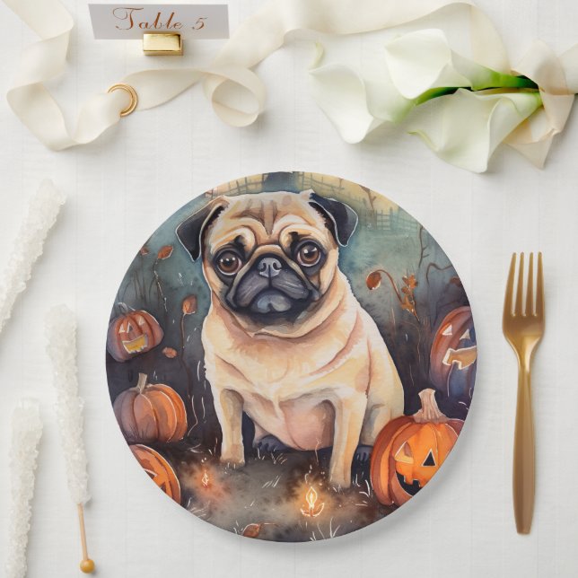 Halloween Pug With Pumpkins Scary Paper Plate (Wedding)
