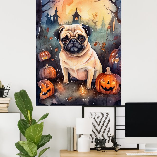 Halloween Pug With Pumpkins Scary Poster (Home Office)