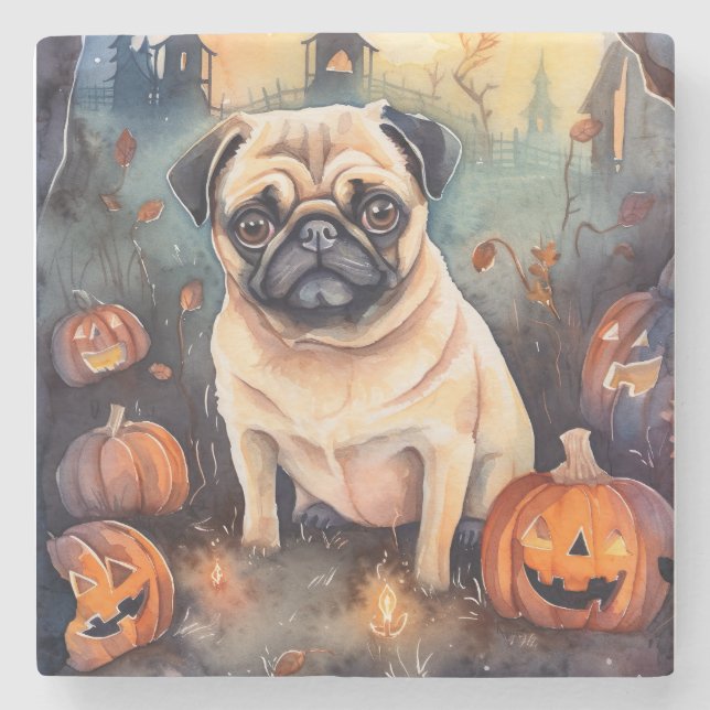 Halloween Pug With Pumpkins Scary Stone Coaster (Front)