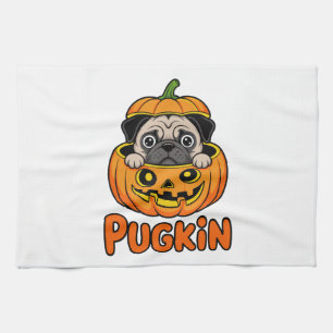 Halloween Pugkin, Pumpkin Pug Dog Kitchen Towel