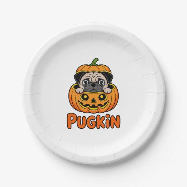 Halloween Pugkin, Pumpkin Pug Dog Paper Plate (Front)
