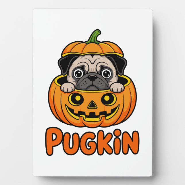 Halloween Pugkin, Pumpkin Pug Dog Plaque (Front)