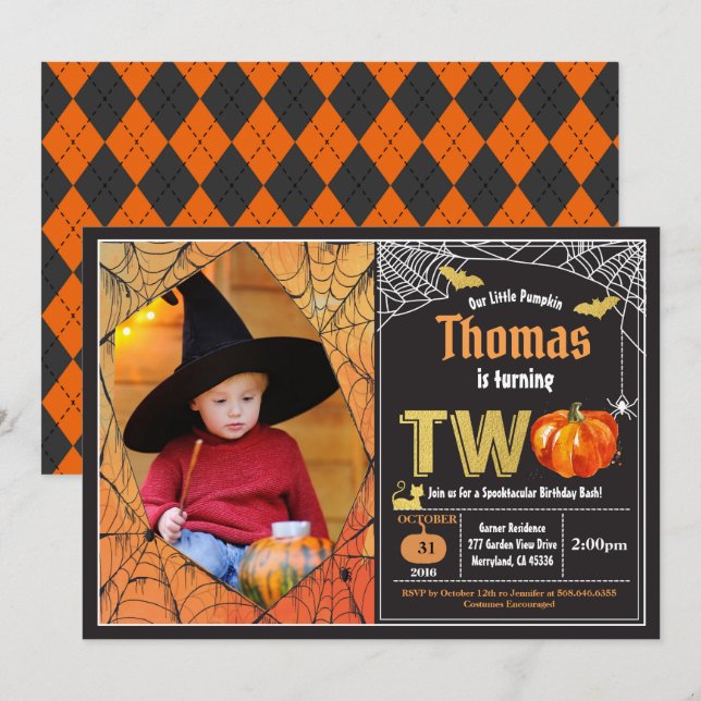 Halloween pumpkin 2nd birthday party photo invitation (Front/Back)