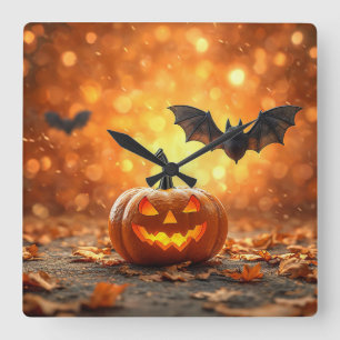 Halloween pumpkin and bat square wall clock