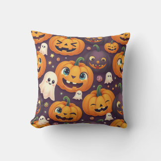 Halloween pumpkin and cute ghost friends throw pillow