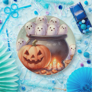 Halloween Pumpkin and Ghosts Paper Plate
