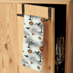 Halloween pumpkin and raven kitchen towel