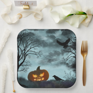 Halloween pumpkin and raven paper plate