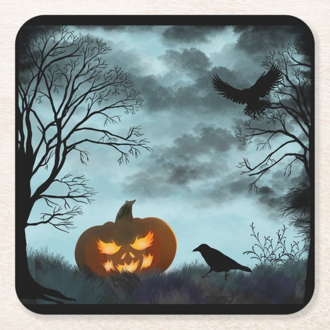 Halloween pumpkin and raven square paper coaster (Front)