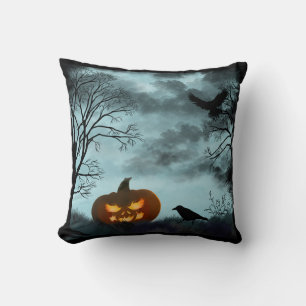 Halloween pumpkin and raven throw pillow