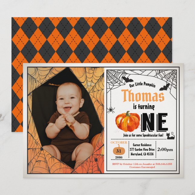 Halloween pumpkin baby 1st first birthday photo invitation (Front/Back)