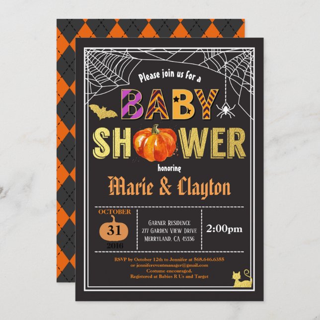 Halloween pumpkin baby shower black & gold invitation (Front/Back)