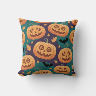 "Halloween Pumpkin & Bat Pattern Cushion" Throw Pillow