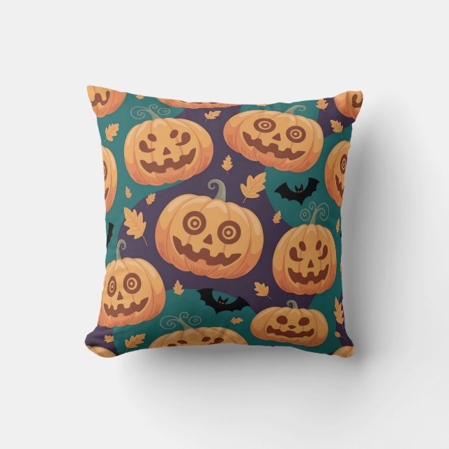 "Halloween Pumpkin & Bat Pattern Cushion" Throw Pillow (Front)