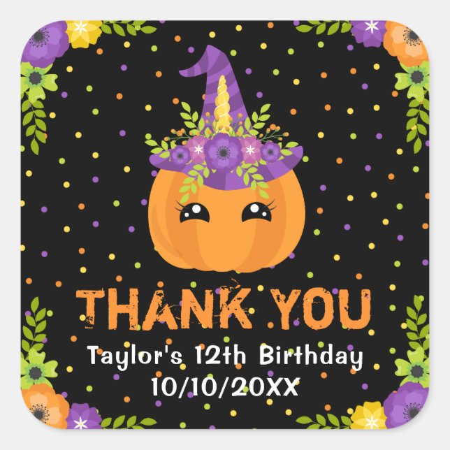 Halloween Pumpkin Birthday Black Thank You Square  Square Sticker (Front)