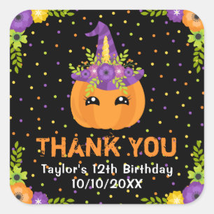 Halloween Pumpkin Birthday Black Thank You Square  Square Sticker