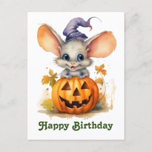 Halloween pumpkin birthday mouse postcard