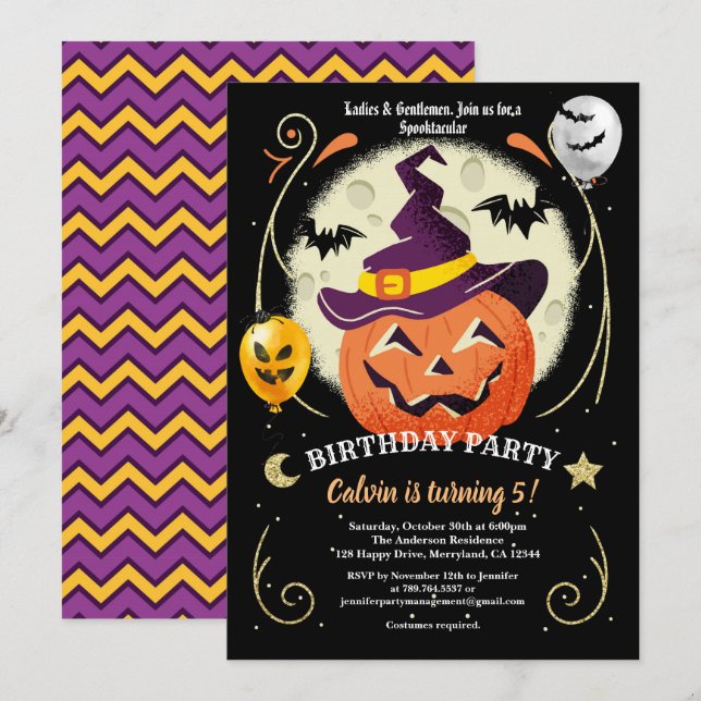 Halloween pumpkin birthday party black orange gold invitation (Front/Back)