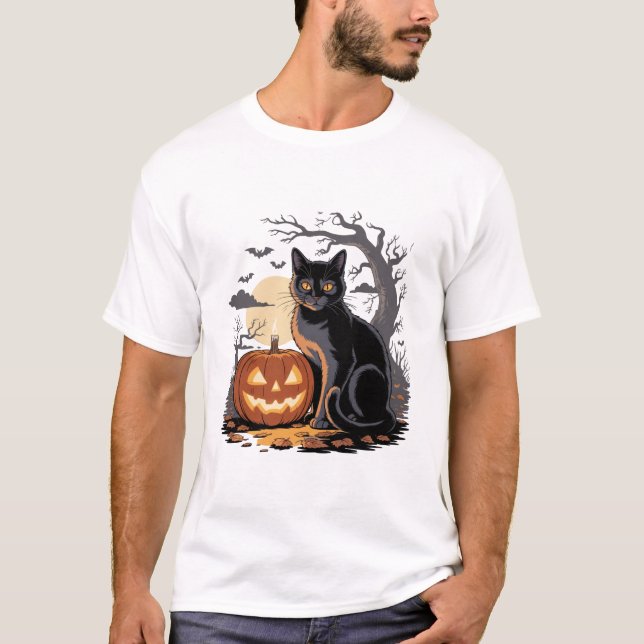 halloween pumpkin black cat T-Shirt (Front)