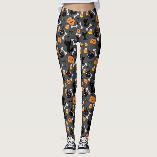 Halloween Pumpkin & Black Cats Seamless Pattern Leggings (Front)