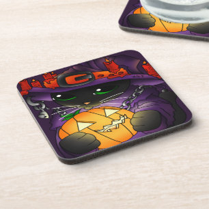 Halloween Pumpkin Black Witch Cat Coaster