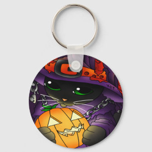 Halloween Pumpkin Black Witch Cat Keychain