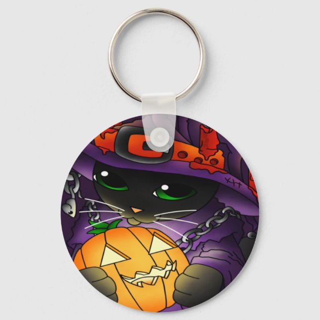 Halloween Pumpkin Black Witch Cat Keychain (Front)