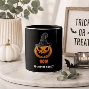 Halloween Pumpkin “BOO!” – Personalized Name Two-Tone Coffee Mug