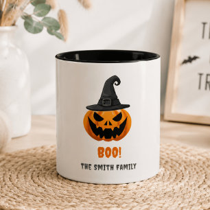Halloween Pumpkin “BOO!” – Personalized Name Two-Tone Coffee Mug