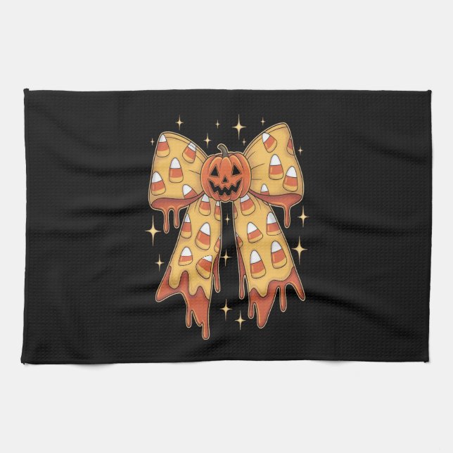 Halloween Pumpkin Bow Candy Corn Kitchen Towel (Horizontal)