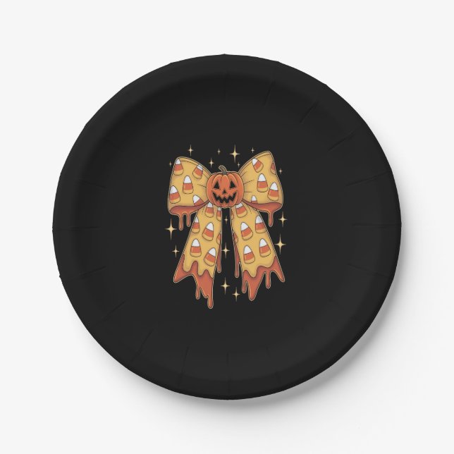 Halloween Pumpkin Bow Candy Corn Paper Plate (Front)