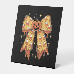 Halloween Pumpkin Bow Candy Corn Pedestal Sign