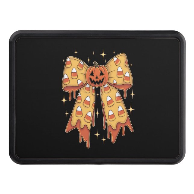Halloween Pumpkin Bow Candy Corn Trailer Hitch Cover (Front)