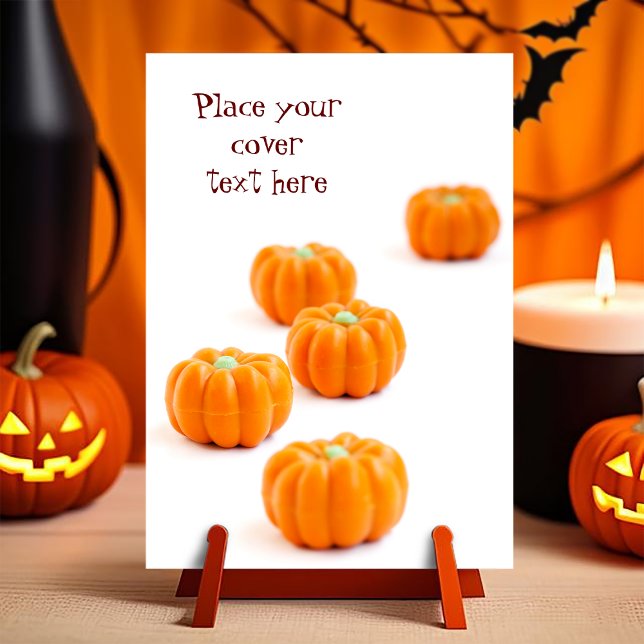Halloween pumpkin candy postcard (Customizable postcard with the image of a group of candies in shape of pumpkin)
