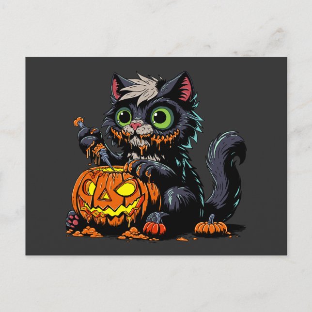 Halloween Pumpkin Carving Cat Postcard (Front)