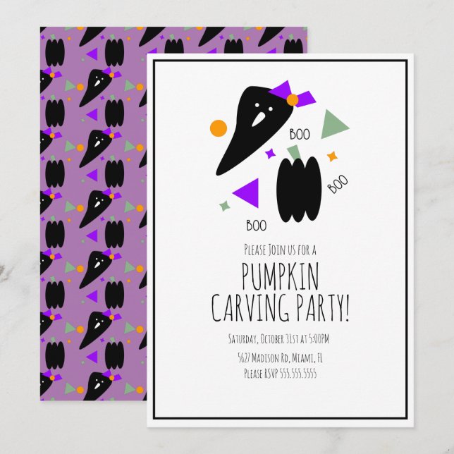 Halloween Pumpkin Carving Cute Ghost Confetti Invitation (Front/Back)