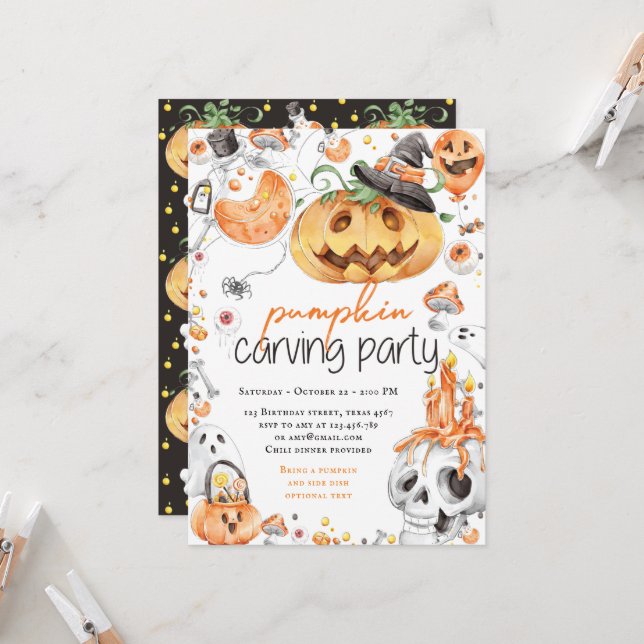 Halloween Pumpkin Carving Party Invitation (Front/Back In Situ)