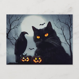 Halloween pumpkin cat and raven on full moon. postcard