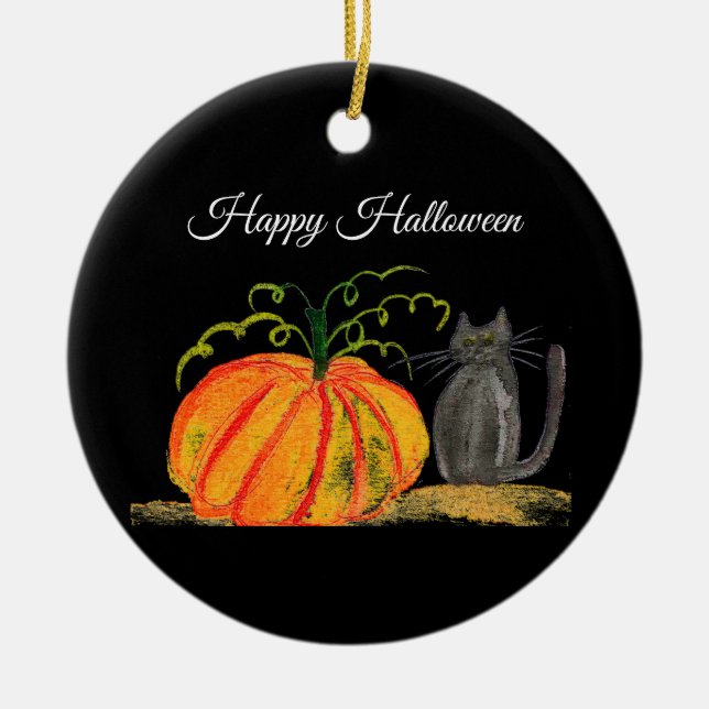 Halloween Pumpkin Cat Cute Orange  Ceramic Ornament (Front)