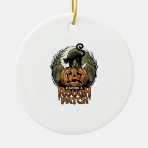 Halloween Pumpkin Cat Rough Patch Vintage Engravin Ceramic Ornament