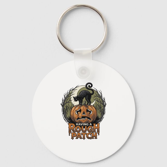 Halloween Pumpkin Cat Rough Patch Vintage Engravin Keychain (Front)
